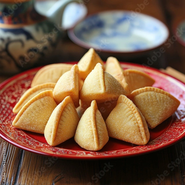Obraz Celebrating chinese new year with fortune cookies on a red plate traditional setting festive atmosphere cultural significance