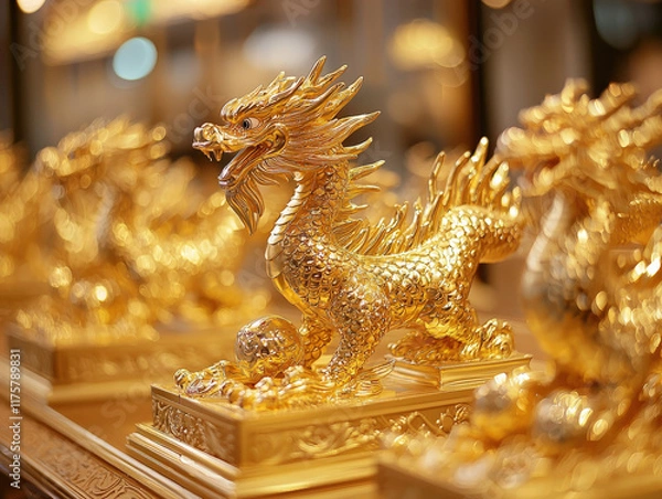Obraz Chinese new year celebration decorative golden dragon and phoenix ornaments festive atmosphere close-up view cultural significance