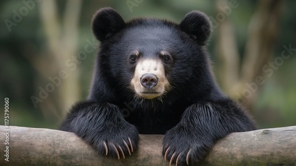 Fototapeta A black bear is standing on a tree branch and looking at the camera
