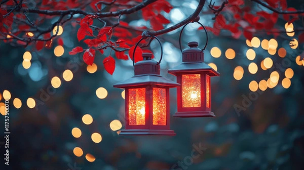 Obraz Chinesenewyear celebration red lanterns hanging from tree branches festive night cultural event enchanted forest magical atmosphere