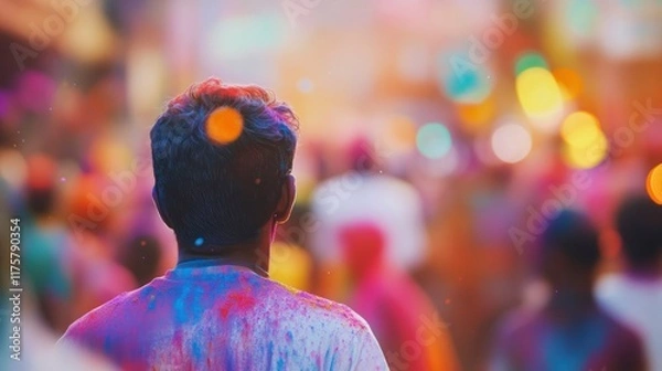 Fototapeta Man on a blurred background of swirling Holi powder, with a dynamic bokeh effect, bright and saturated colors. Holi music and dance performances