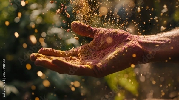 Fototapeta Close-up of hands throwing colorful powder during Holi, dynamic motion, bright pigments, blurred background. Eco-friendly Holi celebrations