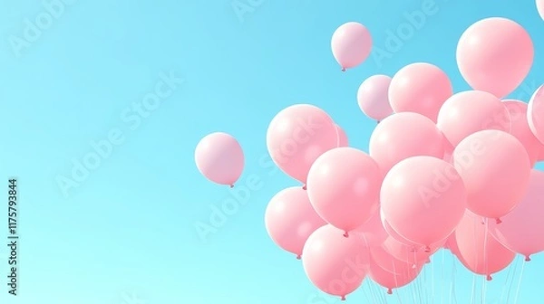 Fototapeta Bunch of pink balloons floating against a serene blue sky, creating a romantic atmosphere perfect for valentine's day, women's day, or springtime celebrations