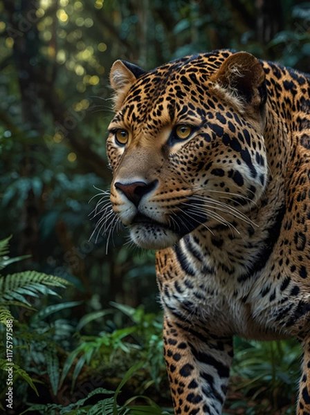 Fototapeta Photorealistic close-up of a jaguar in a dense forest.