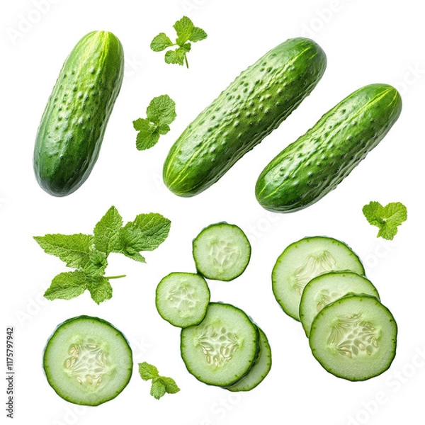 Fototapeta Fresh cucumbers and mint leaves arranged with slices on a clean transparent background highlighting natural food elements, Cucumber and slices isolated transparent background