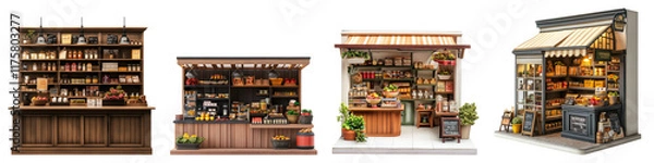 Fototapeta A miniature store with shelves and counter isolated on transparent background, Set of
