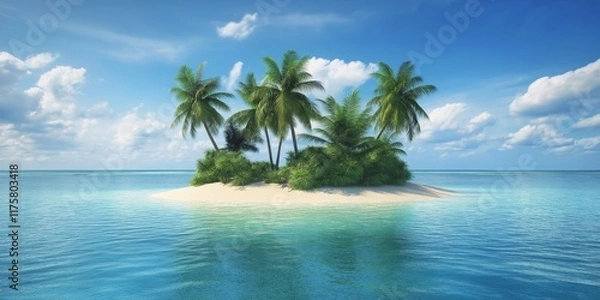 Fototapeta A small island with palm trees and a blue ocean. The island is surrounded by water and has a calm, peaceful atmosphere