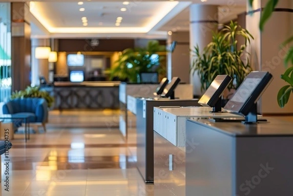 Obraz Modern hotel reception area with self-service kiosks.