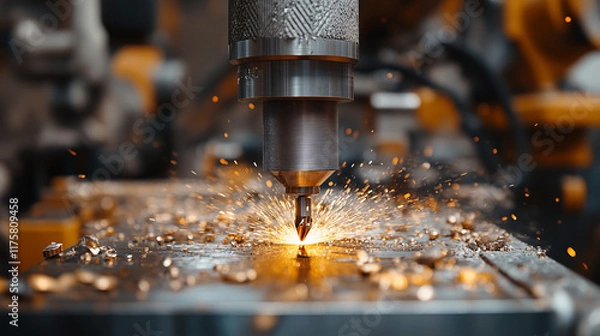 Fototapeta Close-up of a drill bit in action, creating sparks while drilling metal in a workshop