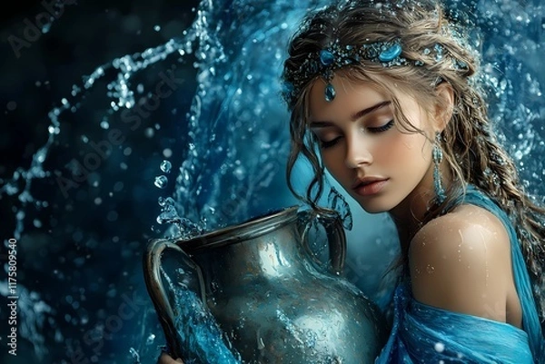 Fototapeta Beautiful woman with serene expression and flowing hair, leaning on an ornate aqua jug with splashing water, wearing white lace, soft lighting, ethereal and tranquil ambiance, Aquarius zodiac symbolis