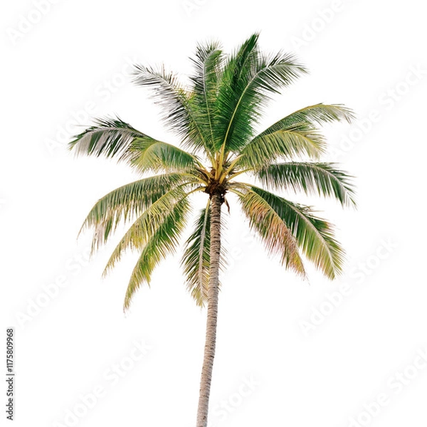 Fototapeta Coconut palm tree standing tall against a transparent background, showcasing its lush green fronds and textured trunk in a serene setting, coconut palm tree on transparent backgroundfile
