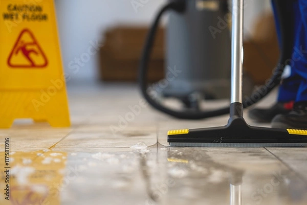 Fototapeta Professional removing water from the floor with a vacuum cleaner