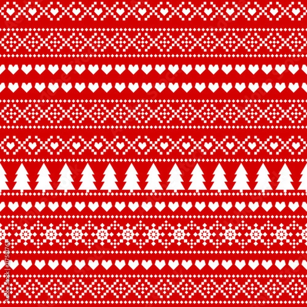 Fototapeta Seamless Christmas background, card - Scandinavian sweater style. Simple Christmas pattern - Xmas trees, hearts, snowflakes on red background. Design for textile, wallpaper, web, fabric and decor etc.