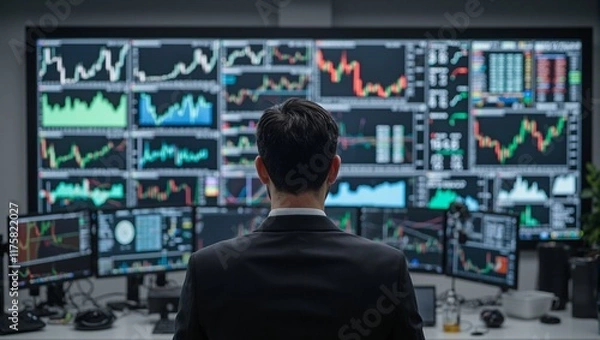 Fototapeta Professional man in suit standing in front of digital screens showing data in modern office