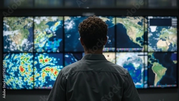 Fototapeta Curly haired man viewed from behind studying weather maps on multiple screens in a brightly lit room