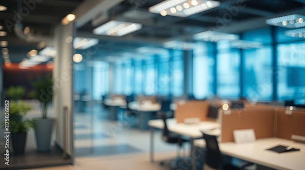 Obraz blurred view of a modern office with desks, plants, and large windows. The image is meant to show a generic workspace interior