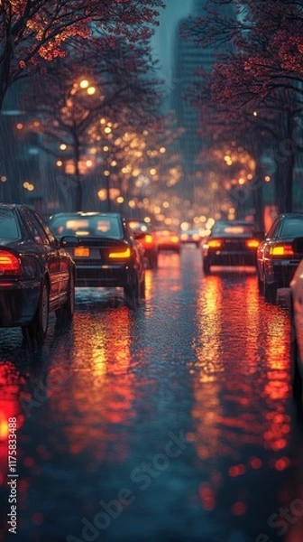 Obraz Rainy Traffic with Colorful Reflections and Glowing Car Lights
