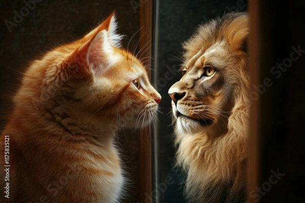 Obraz a self-esteem lesson of a kitten seeing a reflection of a lion in a mirror