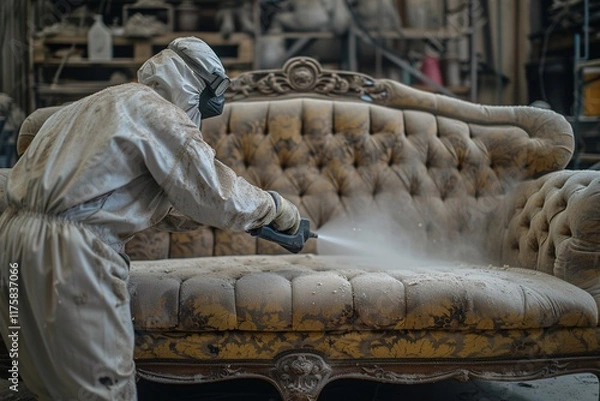 Fototapeta Worker in protective gear cleanings an old, dusty sofa in a workshop setting, demonstrating furniture restoration techniques.