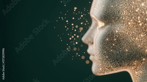 Obraz Golden Particle Face Digital Art Composition, Abstract Concept, Side Profile, Dark Background,Bokeh Lights AI Art, Digital Portrait