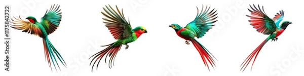 Fototapeta Quetzal bird flying in the air isolated on transparent background, Set of