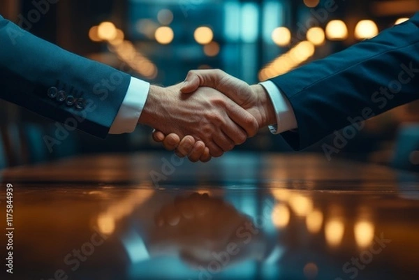 Fototapeta hand of client and banker shaking hands  on the meeting table after business investment budget done Generative AI