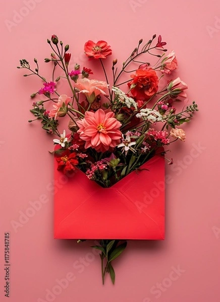 Fototapeta Vibrant bouquet of various flowers emerging from a red envelope on a soft pink background, symbolizing love and celebration.