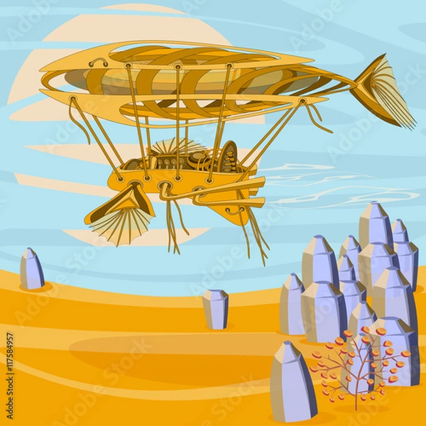 Obraz Fantastic Zeppelin airship above the desert. Futuristic or steampunk tattoo design. Isolated vector collapsible composition.