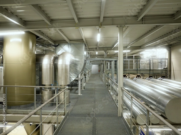 Fototapeta Modern Heating Plant Interior with Steel Pipelines and Advanced Control Systems – Efficient Energy Infrastructure in Industrial Environment.