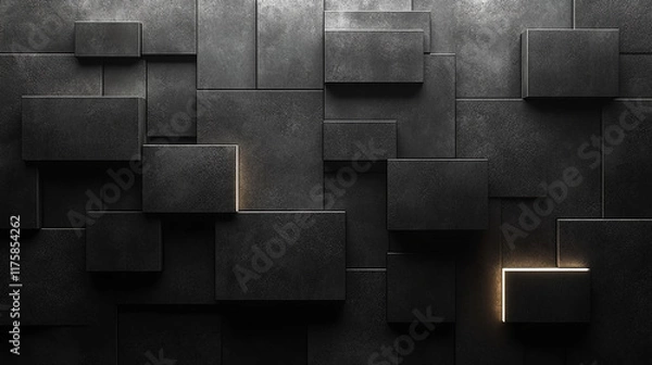 Obraz Dark concrete wall with integrated white light strips, featuring geometric tech design with illuminated, futuristic 3D blocks creating a minimalistic and modern look

