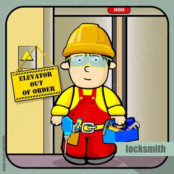 Obraz Vector person character portrait. Locksmith portrait isolated on unpainted fence background. Cartoon style. Human profession icon.