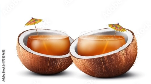 Fototapeta Two coconut shells filled with tropical drinks and colorful umbrellas.