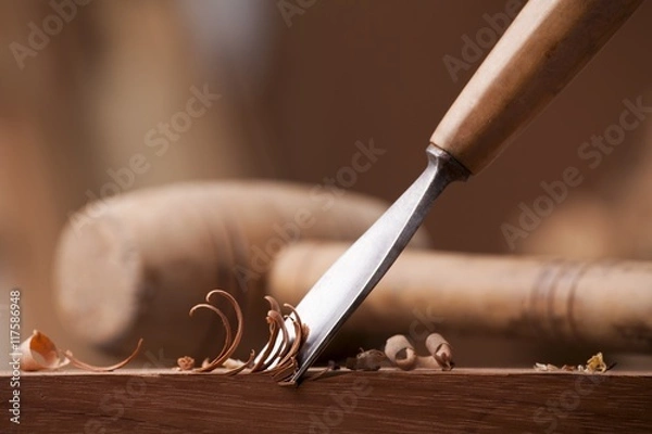 Fototapeta closeup gouge for wood on carpenter workbench