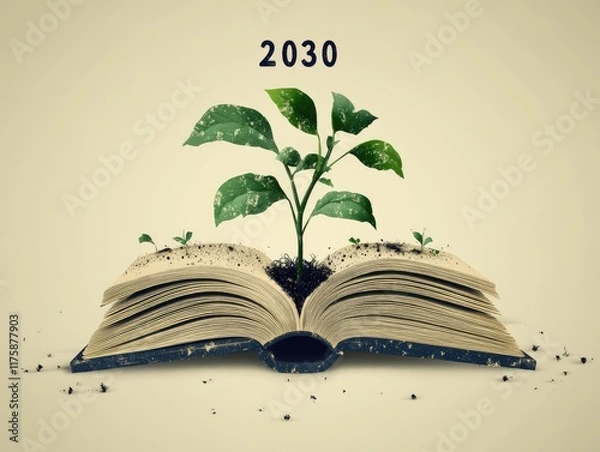 Obraz "Illustration of an open book with growing plants symbolizing sustainable development goals AI generated