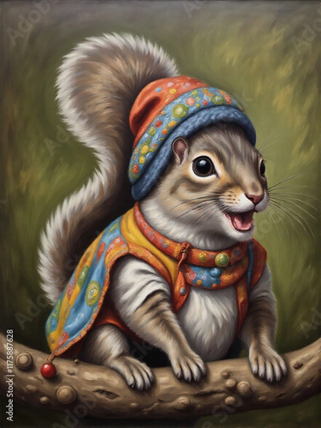 Fototapeta A whimsical and colorful illustration of a cheerful squirrel wearing a hat and a vibrant cape, perched on a branch.