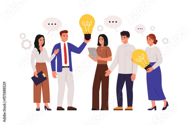 Fototapeta Vector illustration creative team with new ideas. Cartoon scene stylish guys and girls with light bulbs, tablets, discuss business ideas isolated on white background. Business group of people.