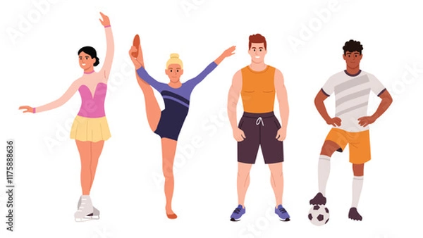 Fototapeta Vector illustration of a group of athletes. Cartoon scene of young, slender boys and girls athletes: girl figure skater, gymnast, pumped up guy, football player with ball isolated on white background.