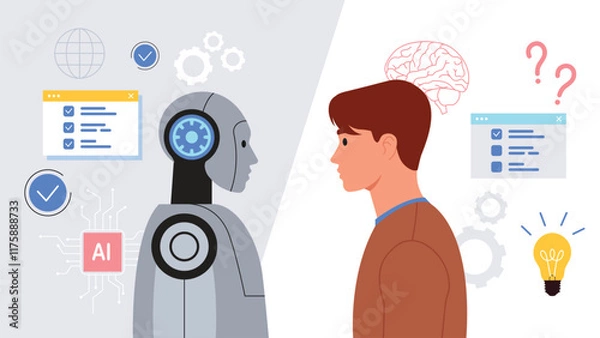 Fototapeta Vector illustration of a beautiful robot and man. Cartoon scene of artificial intelligence vs human mind, light bulbs, new ideas, question marks, check mark tab, isolated on gray and white background.