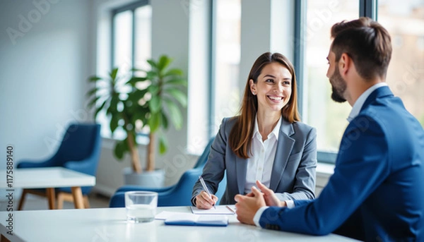 Fototapeta Business professionals engaged in a job interview in a modern office setting