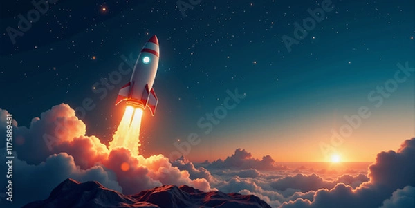Fototapeta Success concept: Rocket launch at sunrise, symbolizing new beginnings and a successful business venture.