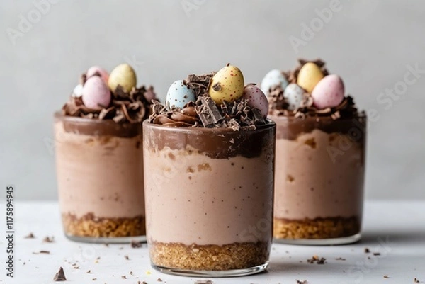 Fototapeta chocolate cheesecake pots with a biscuit base, topped with Easter mini eggs and chocolate shards, playful and indulgent