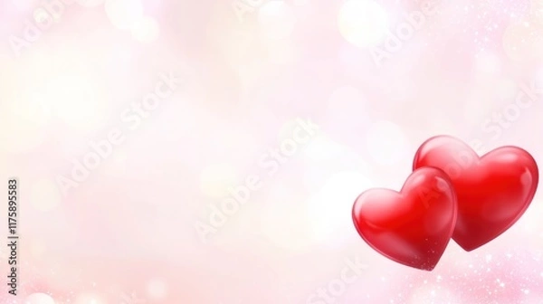 Fototapeta Two red hearts on a soft pink bokeh background.