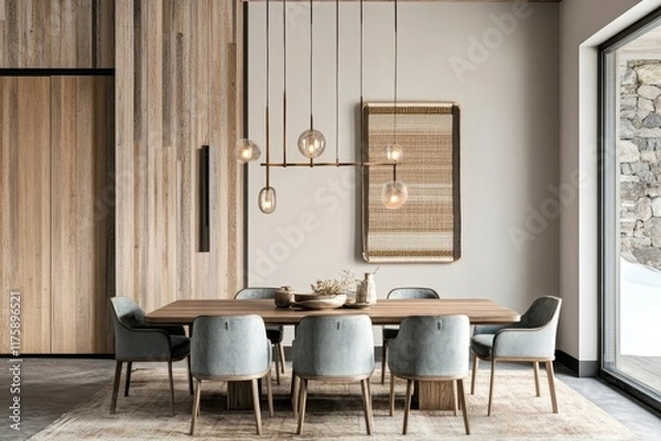 Fototapeta Modern minimalist kitchen interior, wooden cabinets, round pendant lights, large windows, natural light, dining table, chairs, potted plant, neutral color palette, textured wall panels, abstract wall 