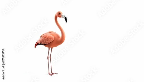 Fototapeta Pink flamingo against white background.  Possible use for greeting cards or children's books