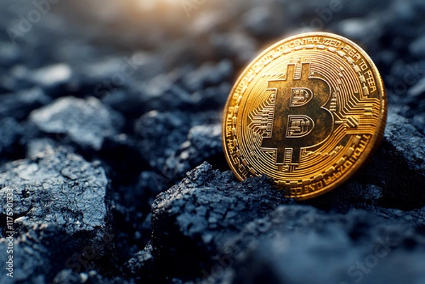 Fototapeta Bitcoin cryptocurrency representation with a coal mining concept