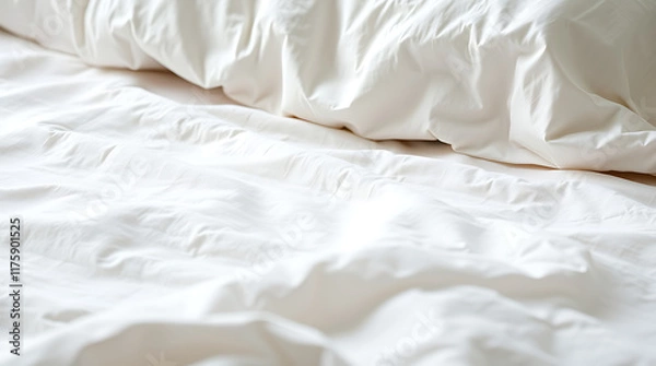 Fototapeta Crumpled Off-White Bedding and Pillow