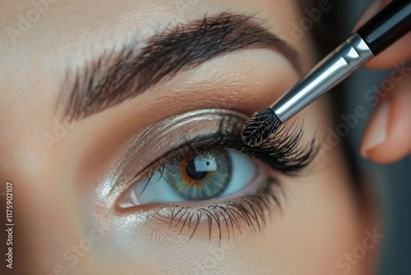Fototapeta Close up of eye makeup. Applying mascara on lushes of young woman getting make up with brush by make up artist