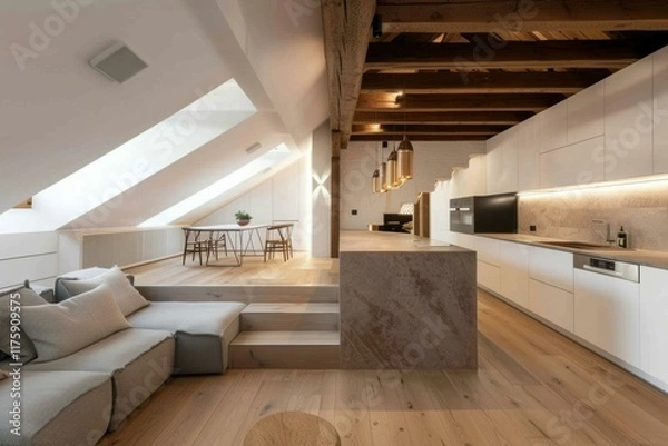 Obraz Modern loft apartment with a spacious living room and open kitchen. AI.
