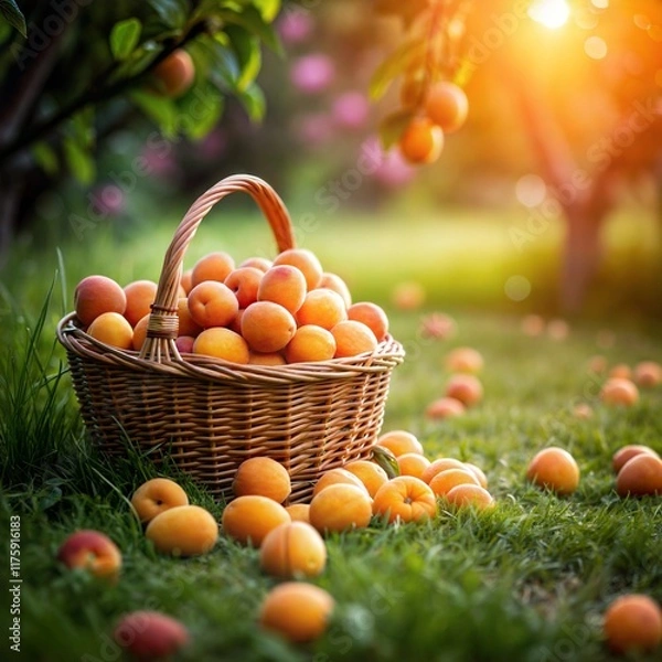 Fototapeta Basket of ripe apricots in a sunlit orchard with fallen fruits on the grass