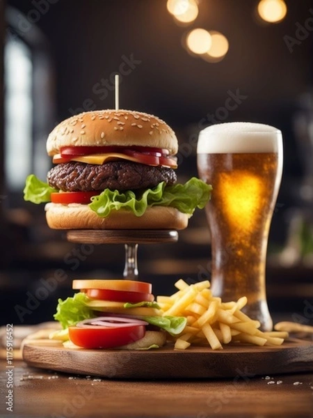 Fototapeta Gourmet burger with melted cheese, fresh vegetables, and sesame seed bun, served alongside refreshing beer. Great for food photography, menus, and social media posts highlighting indulgent meals.